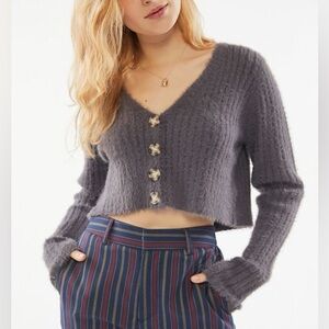 Urban Outfitters Grey Fuzzy Rib Cropped Cardigan Sweater